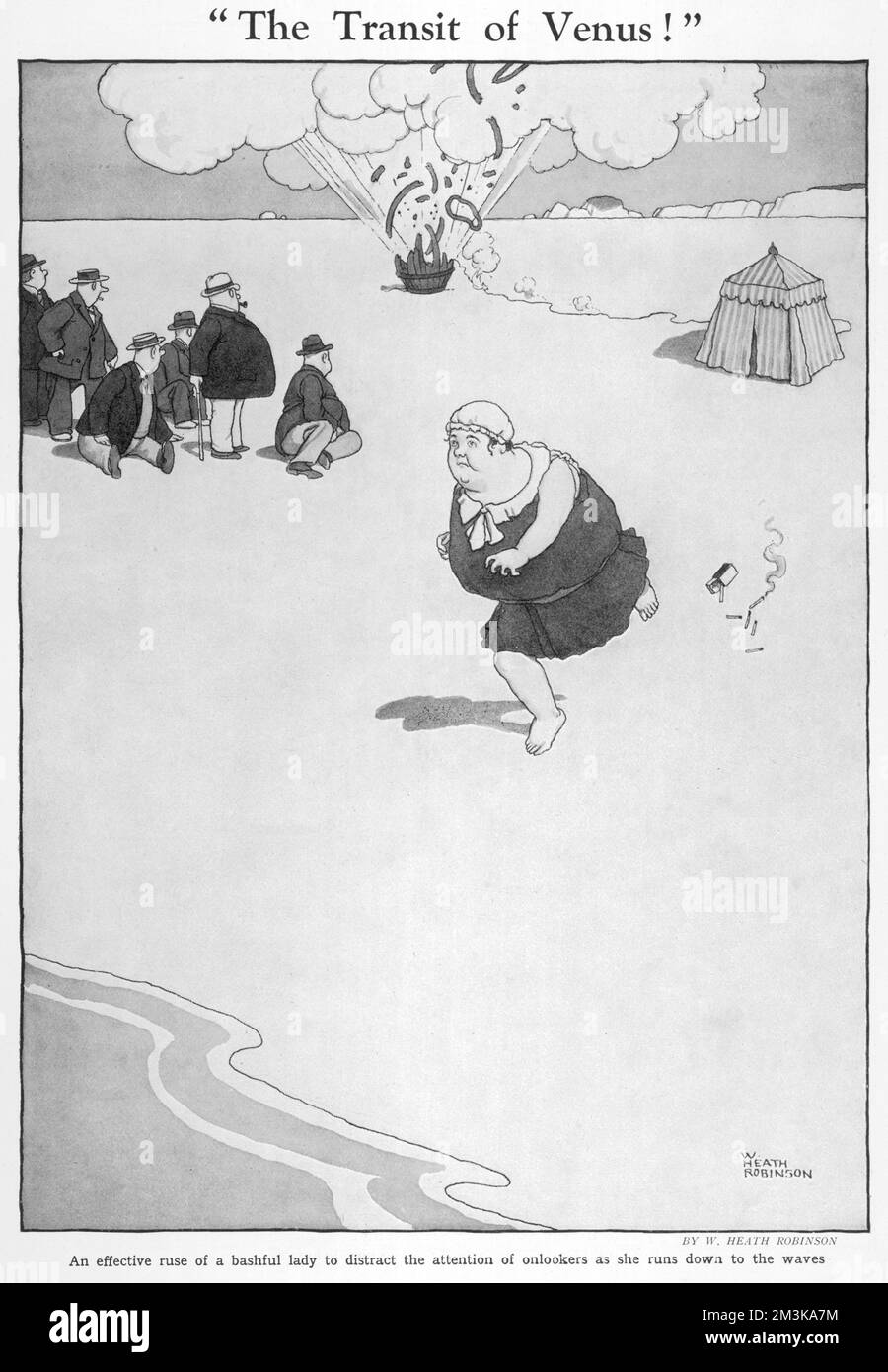 Cartone animato, il transito di Venere. Una donna soffia su un barile come distrazione mentre corre al mare nel suo costume da bagno per evitare imbarazzo. 1927 Foto Stock