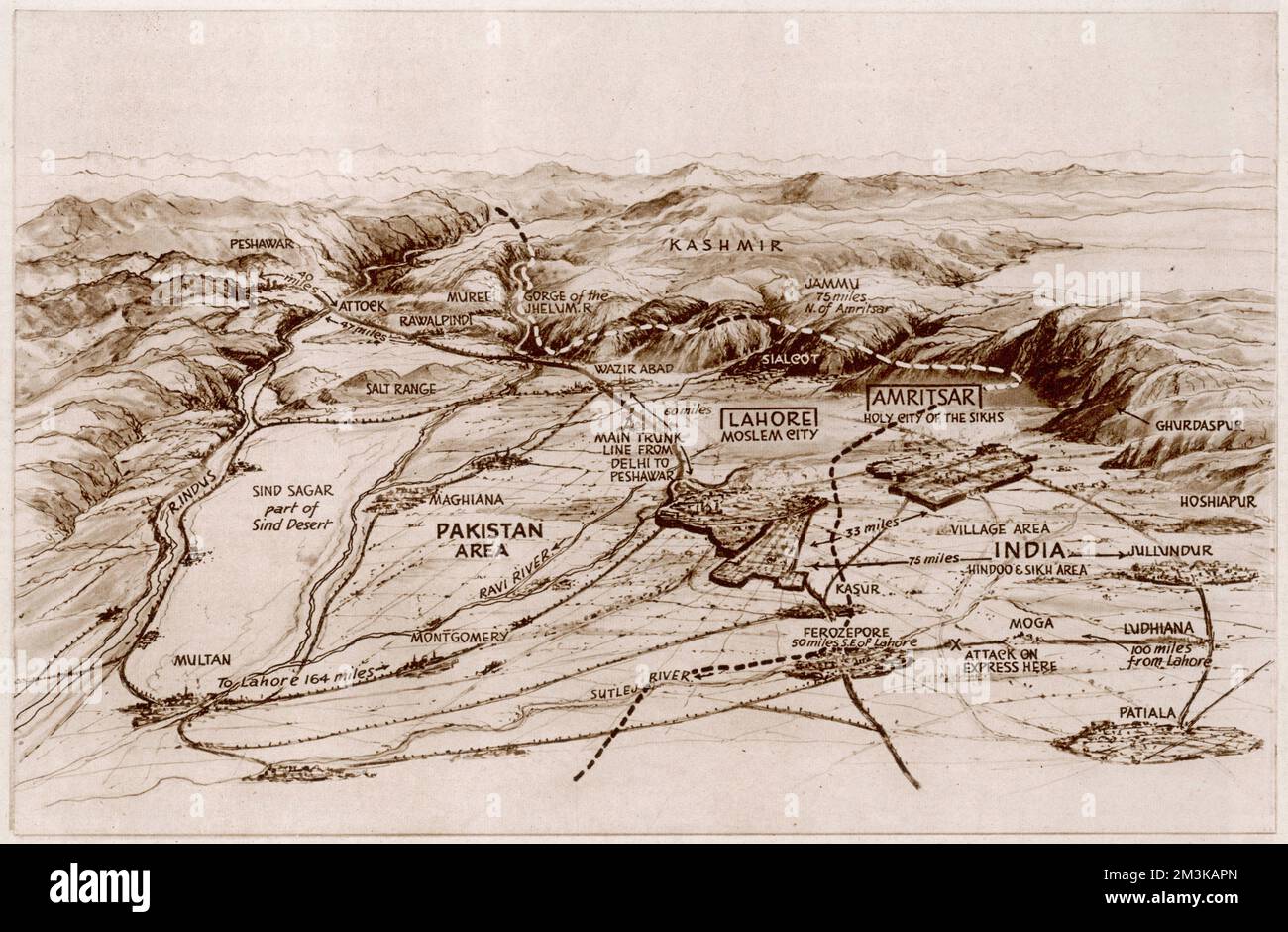 Partizione. Mappa del Punjab orientale e occidentale Foto Stock
