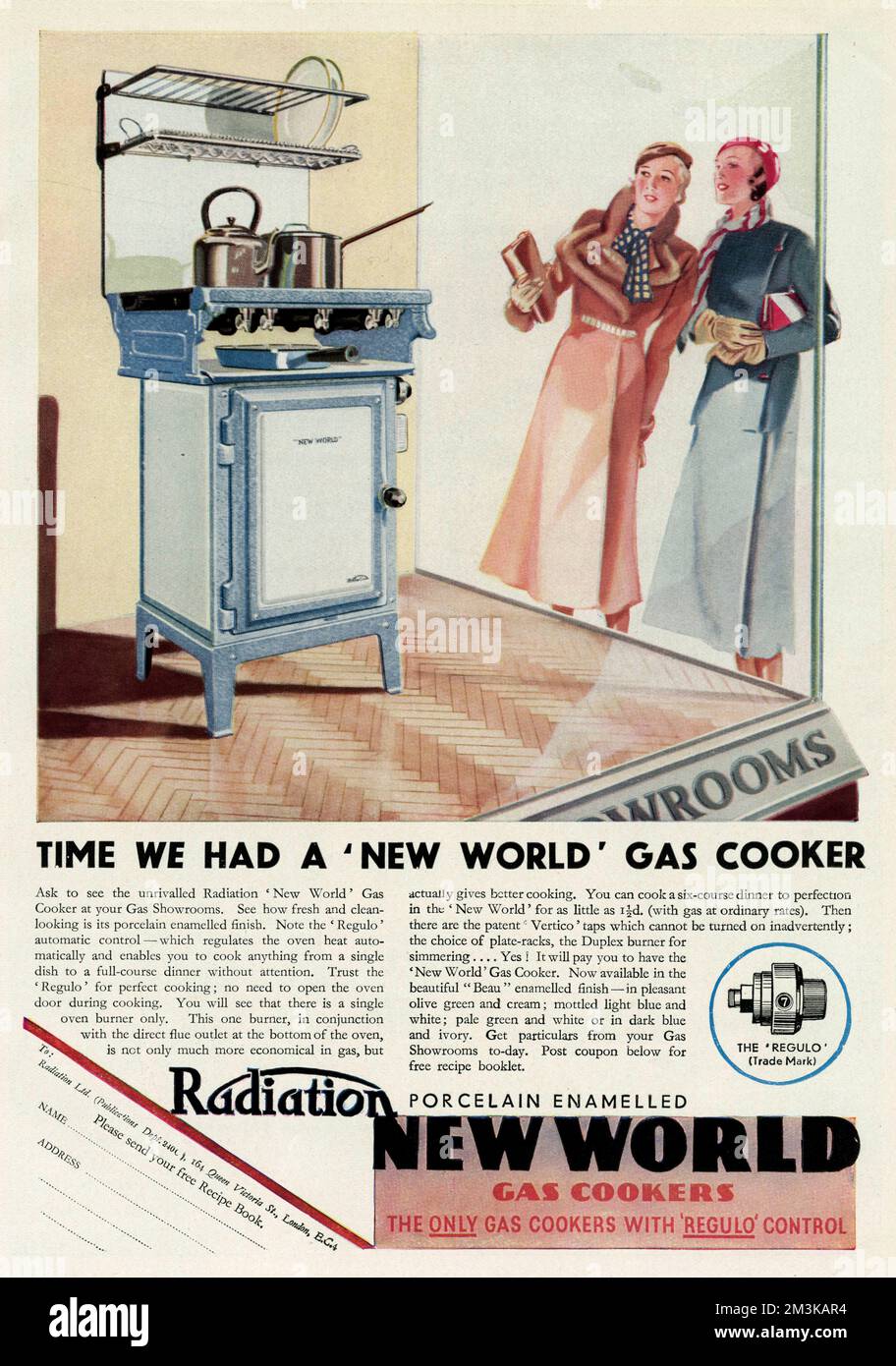 Pubblicità per Radiation New World gas Cooker 1933 Foto Stock