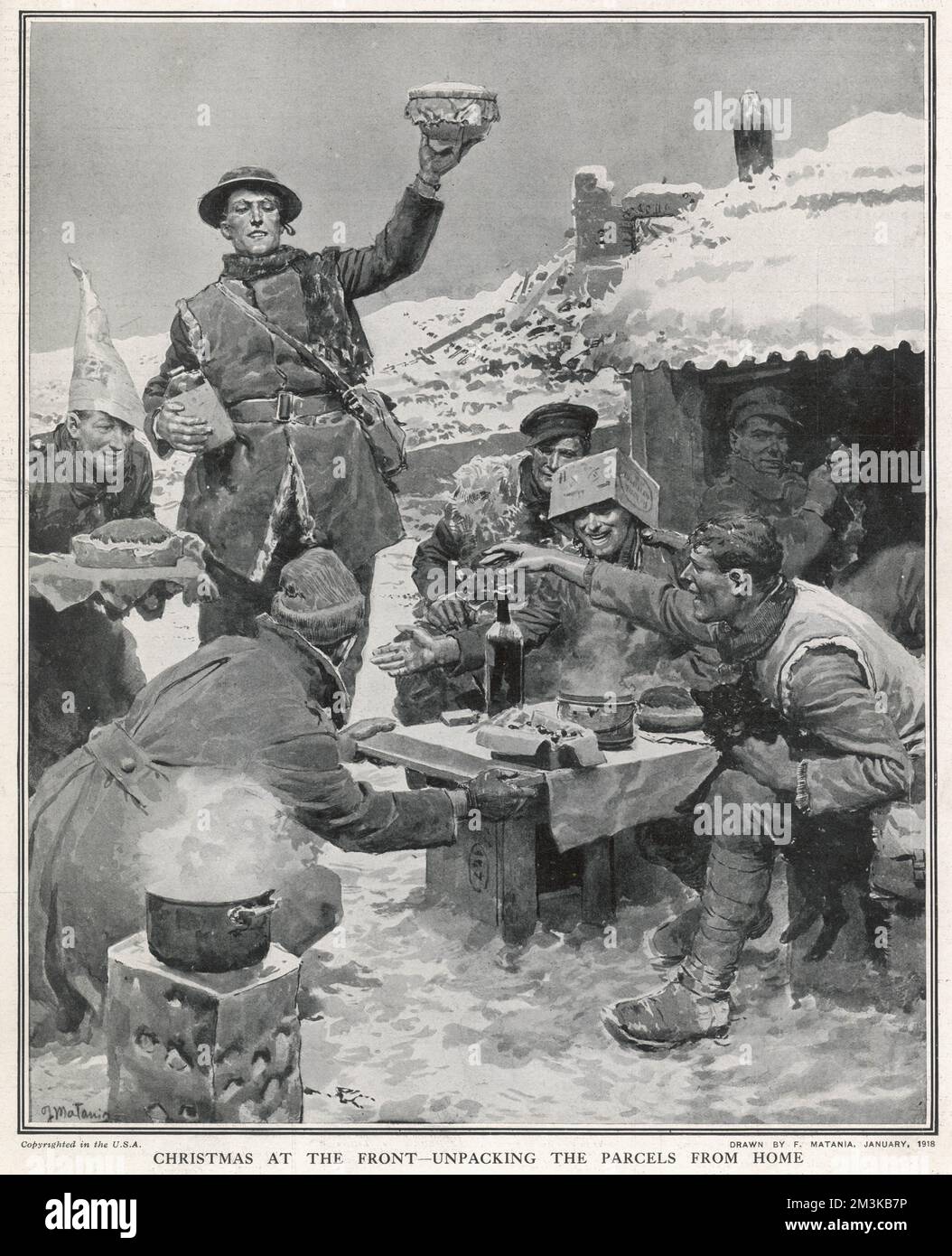 Un gruppo di soldati britannici condivide il contenuto di un intruso che è stato loro consegnato al fronte. Un pudding natalizio si tiene in alto e la scena è di generale jollity. 1918 Foto Stock