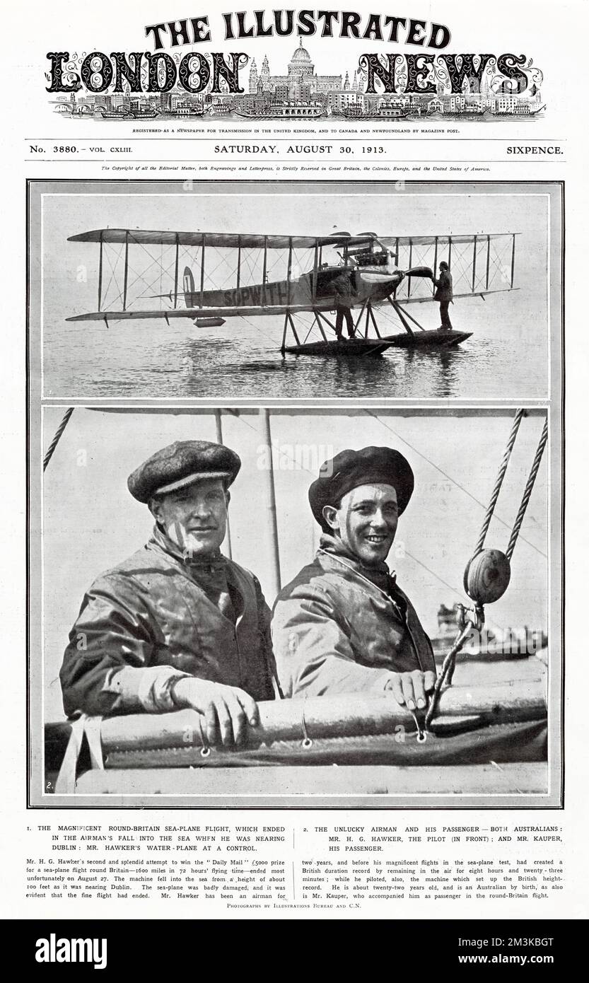 Harry Hawker (1889 - 1921), il pilota e il passeggero tentano di vincere il premio 'Daily Mail' £5000, round Britain. Purtroppo il 27th agosto la macchina cadde nel mare di un'altezza di circa 100 piedi vicino a Dublino fu danneggiato per completare il volo. Foto Stock