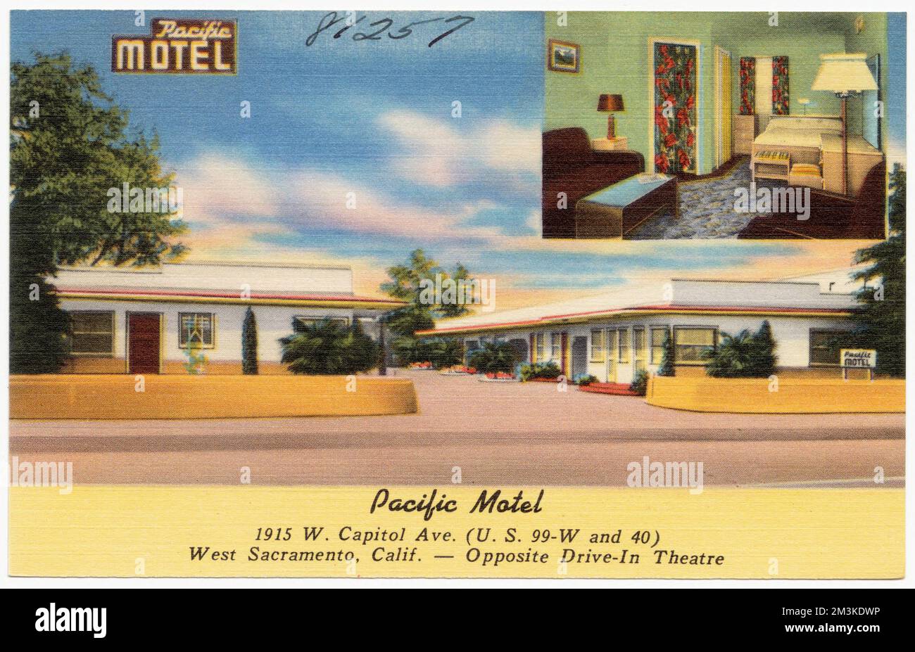 Pacific Motel, 1915 W. Capitol Ave. (U. S. 99-W e 40), Sacramento Ovest, California. -- di fronte Drive-in Theatre , Motel, Tichnor Brothers Collection, cartoline degli Stati Uniti Foto Stock