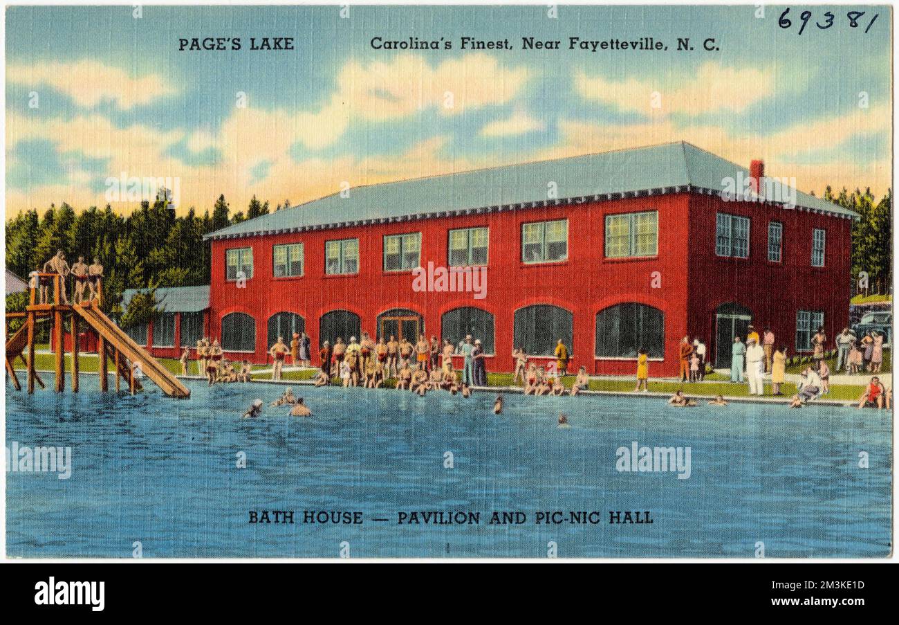 Page Lake, Carolina's Finest, vicino Fayetteville, N. C., bagno casa -- Padiglione e sala pic-nic, Laghi & stagni, Tichnor Brothers Collection, cartoline degli Stati Uniti Foto Stock