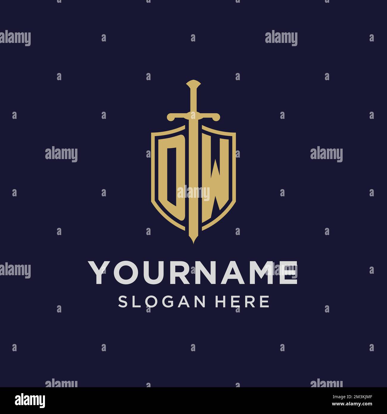 Logo DW monogramma iniziale con idee di design di scudo e spada Illustrazione Vettoriale
