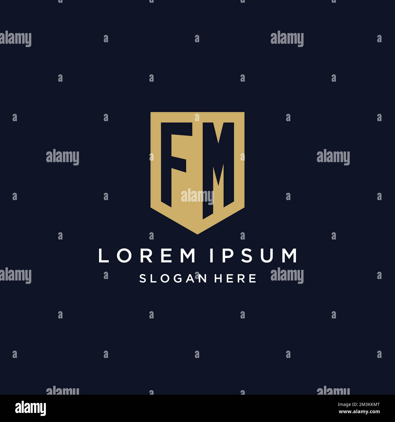 Logo con simbolo del monogramma FM con modello di icona a scudo Illustrazione Vettoriale