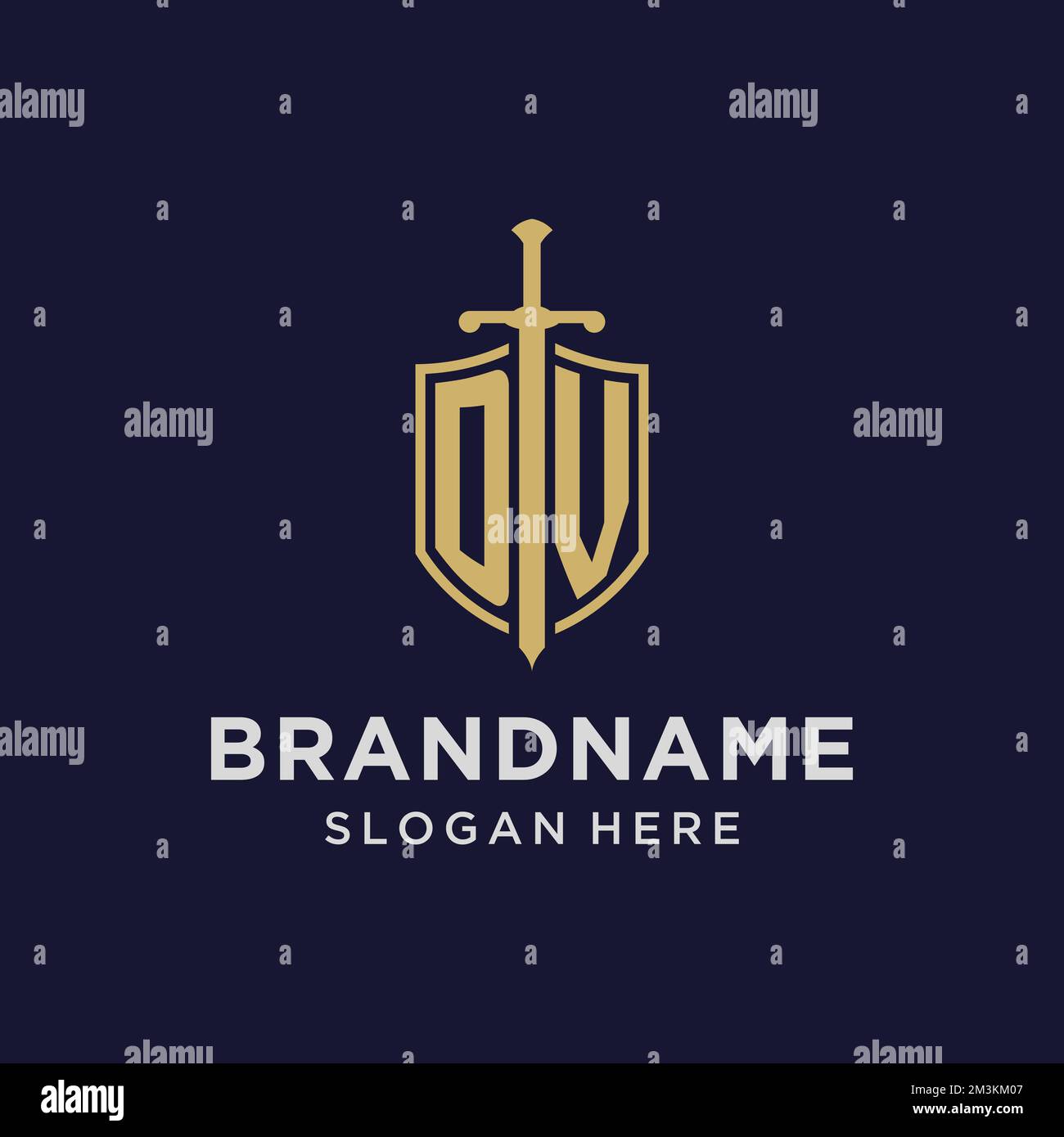 Logo DV monogramma iniziale con idee di design di shield e sword Illustrazione Vettoriale