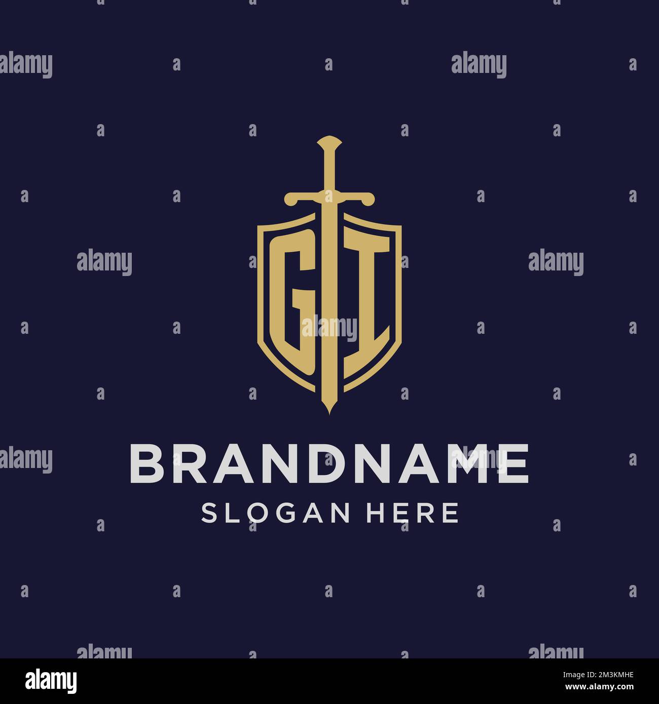 Logo GI monogramma iniziale con idee di design di scudo e spada Illustrazione Vettoriale