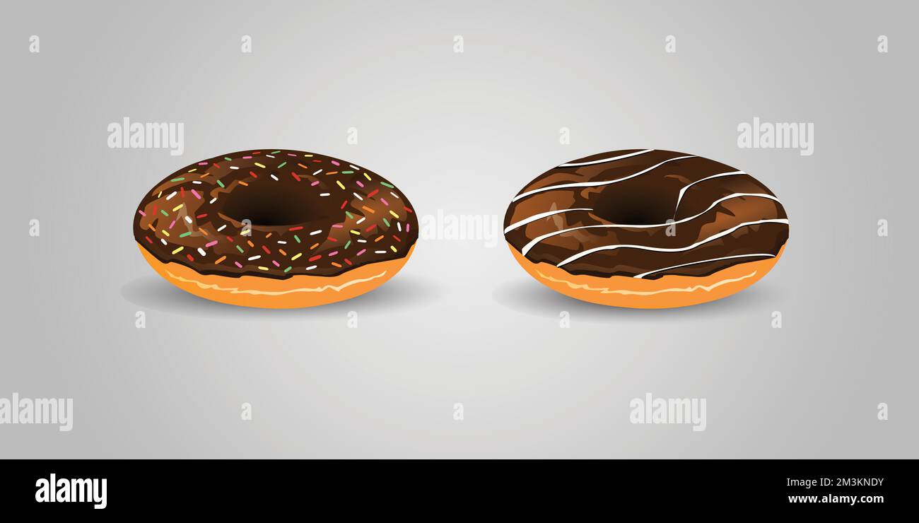 Vettore donut impostato isolato su sfondo. Collezione di ciambelle. Ciambelle a velo di zucchero dolce. pausa con le ciambelle al cioccolato vista dall'alto. Illustrazione Vettoriale
