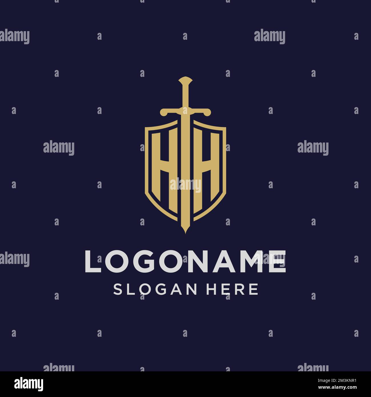 Monogramma iniziale con logo HH con idee di design con scudo e spada Illustrazione Vettoriale