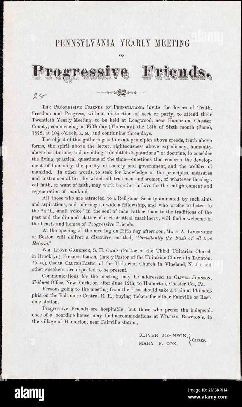 Pennsylvania Yearly Meeting of Progressive Friends , movimenti antislavery, Stati Uniti, Storia, 19th ° secolo, Abolizionisti, Stati Uniti, 19th ° secolo, corrispondenza, movimenti antischiavista, Stati Uniti, abolizionisti, Stati Uniti, Storia, 19th ° secolo, Mary Ashton, 1820-1905, Garrison, William Lloyd, 1805-1879 Foto Stock