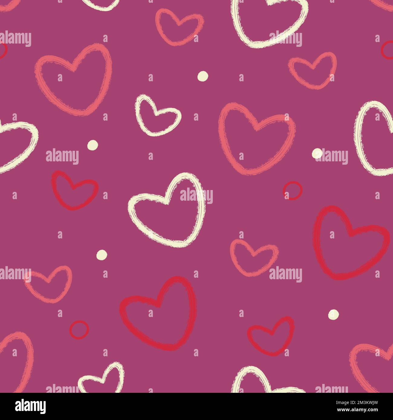 Modello senza cuciture a forma di cuore. Pennellate bianche e rosa cuori e puntini Raster doodle sfondo illustrazione per i materiali digitali e di stampa. Foto Stock