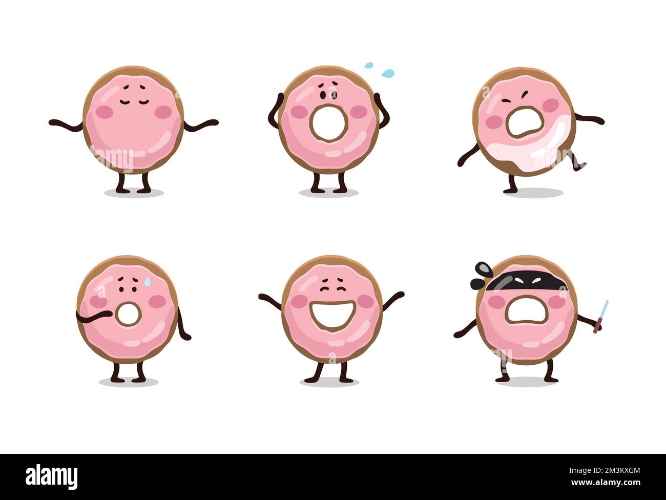 Divertente piatto semplice bambino emoji adesivi, personaggi, banner, muscotte di ciambelle smaltate rosa. Set di emoji. Personaggi dei cartoni animati. Illustrazione Vettoriale