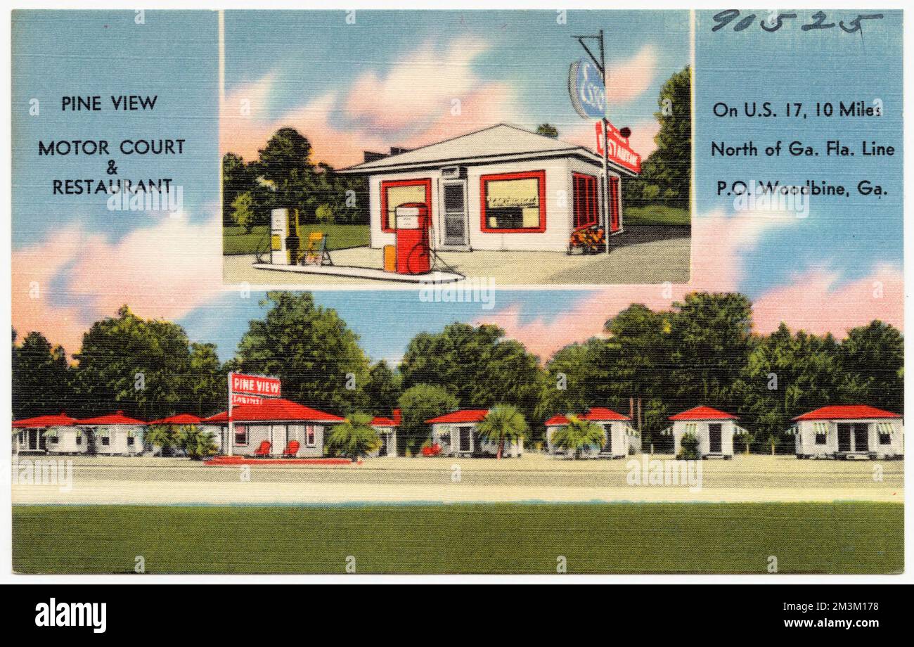 Pine View Motor Court & Restaurant, sulla U.S. 17, 10 km circa a nord di GA. Fla. Linea, P.O. Woodbine, GA. , Motel, ristoranti, Tichnor Brothers Collection, cartoline degli Stati Uniti Foto Stock