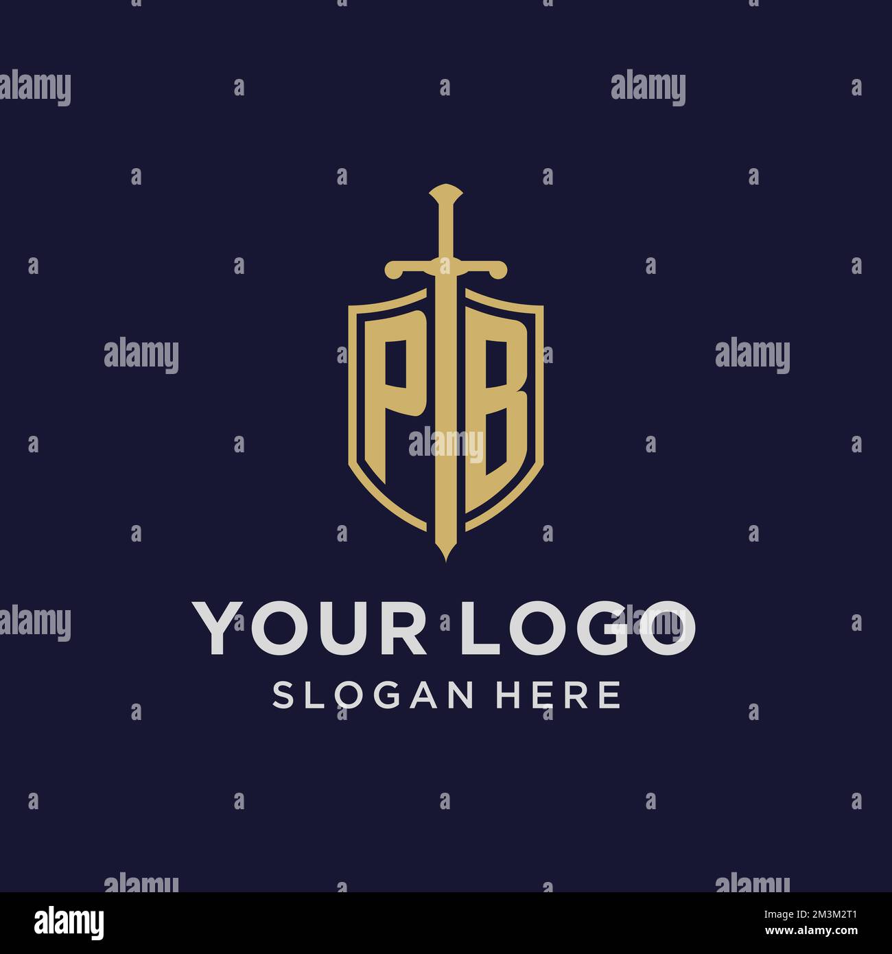 PB logo monogramma iniziale con scudo e spade design idee Illustrazione Vettoriale