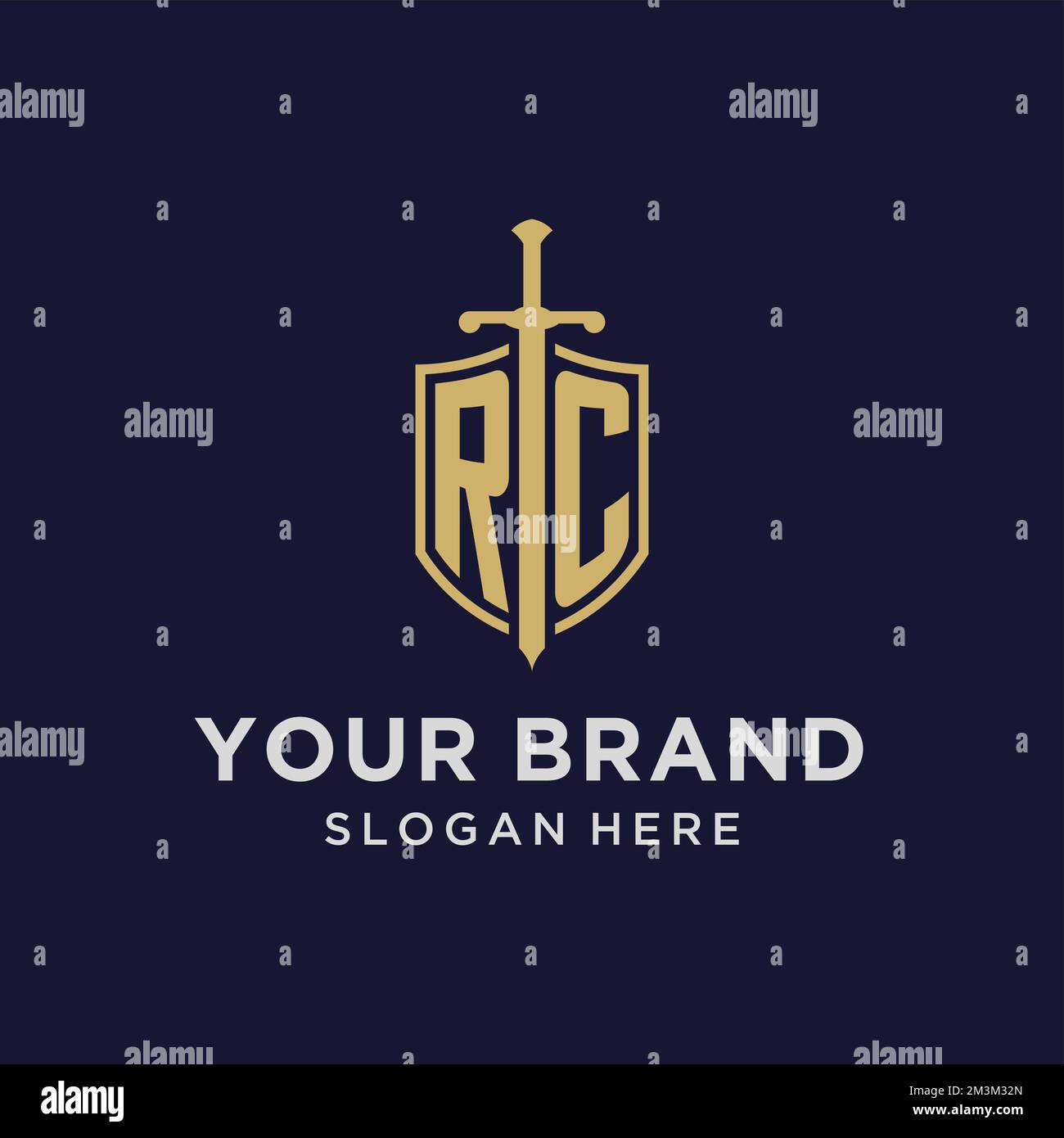 Logo RC monogramma iniziale con idee di design di shield e sword Illustrazione Vettoriale