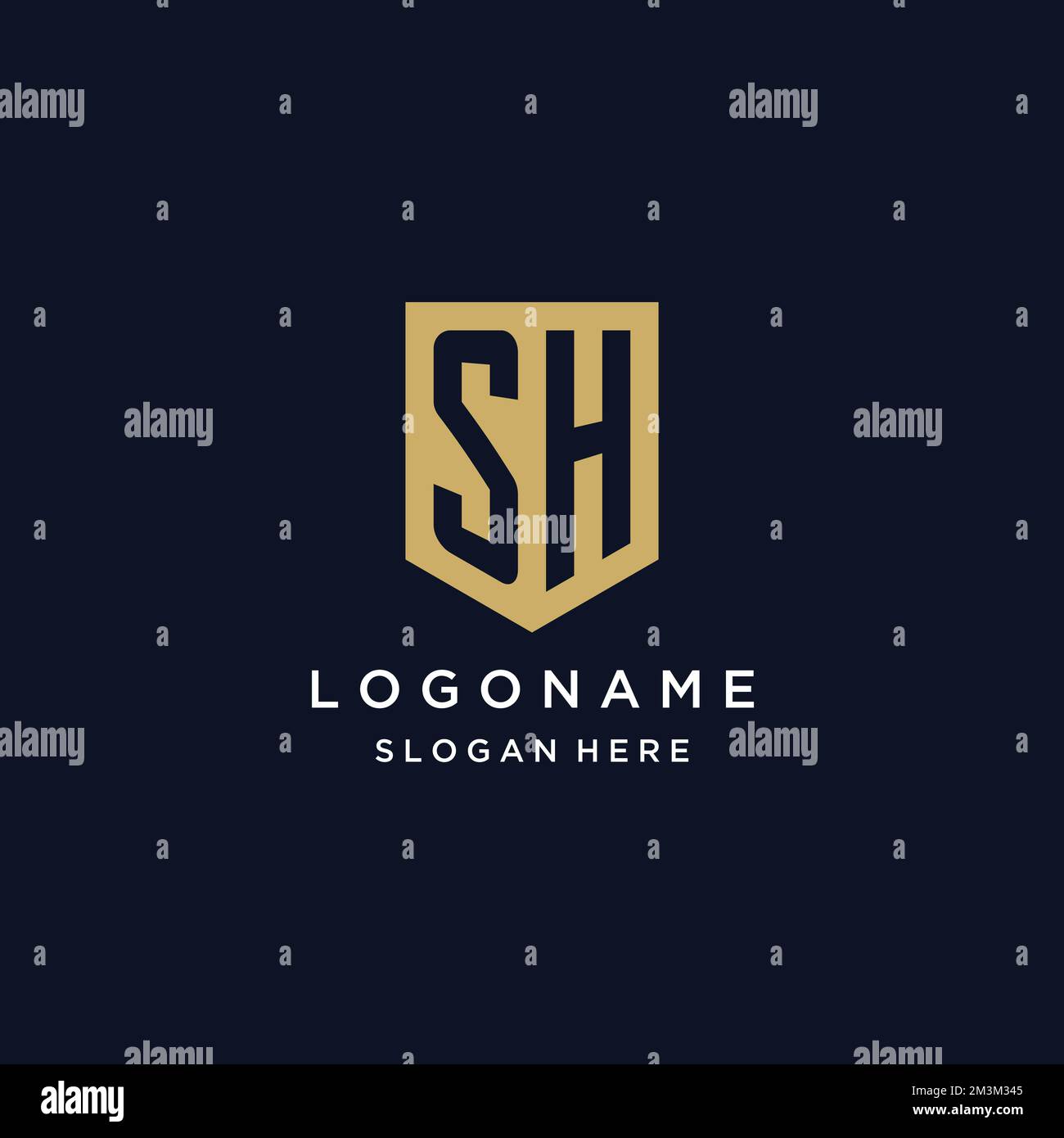 SH monogramma iniziali logo design con icona scudo modello Illustrazione Vettoriale