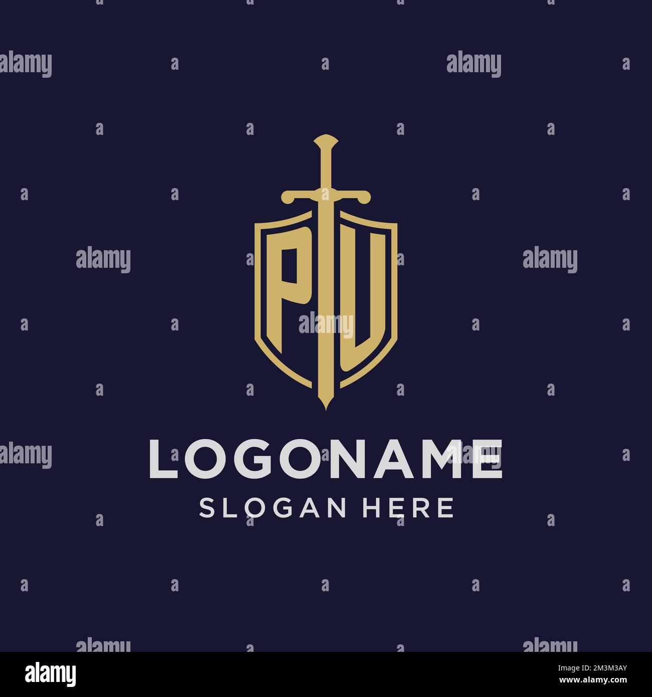 Logo PU monogramma iniziale con scudo e spade design idee Illustrazione Vettoriale