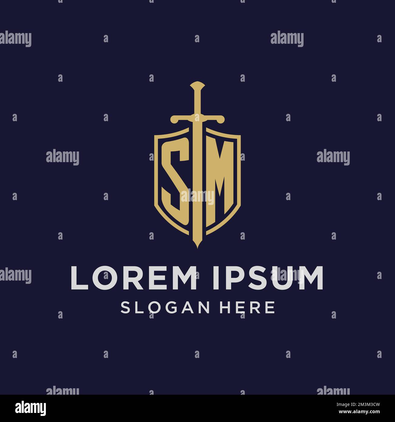 Logo SM monogramma iniziale con idee di design di scudo e spada Illustrazione Vettoriale