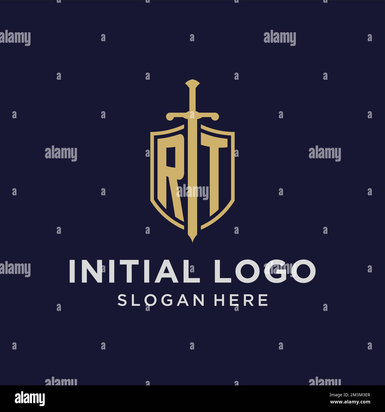 Logo RT monogramma iniziale con scudo e spade design idee Illustrazione Vettoriale