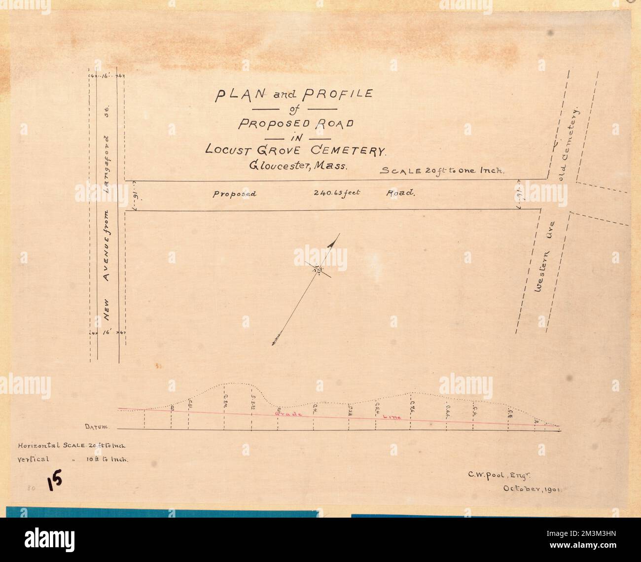 Progetto e profilo della strada proposta nel cimitero di Locust Grove, Gloucester, Mass. , Strade Foto Stock