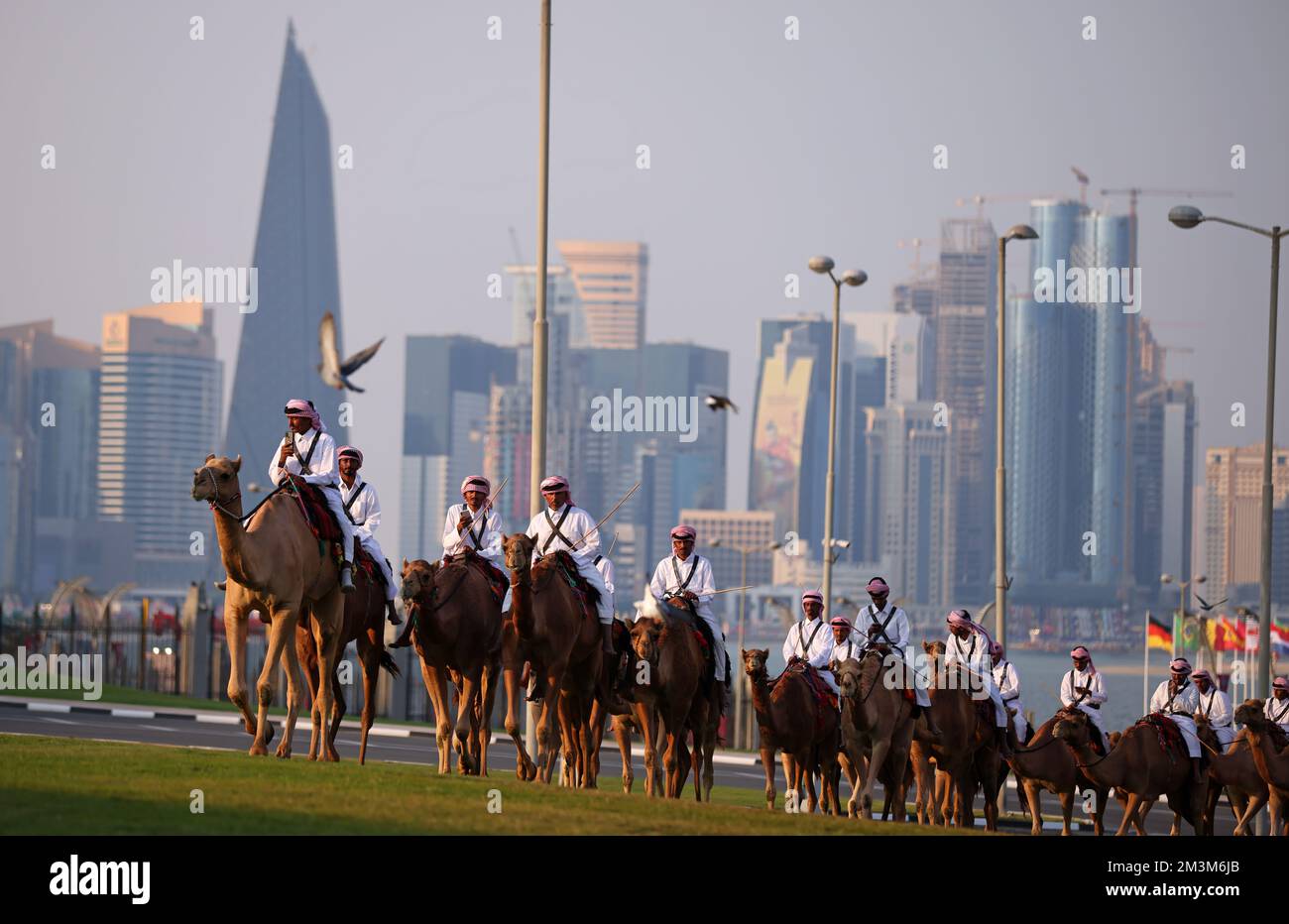 Sicherheitskräfte mit ihren Kamelen auf einer Wiese vor dem Amiri Diwan, dem officiellen Arbeitsplatz und das Büro des Emirs des Staates Katar im Hintergrund die Skyline of Doha West Bay mit den modernen Hochhäusern forze di sicurezza con i loro cammelli su un prato di fronte all'Amiri Diwan, Il luogo di lavoro ufficiale e l'ufficio dell'Emiro dello Stato del Qatar, sullo sfondo lo skyline di Doha West Bay con i moderni e alti edifici Fussball WM 2022 in Qatar FIFA Football World Cup 2022 © diebilderwelt / Alamy Stock Foto Stock