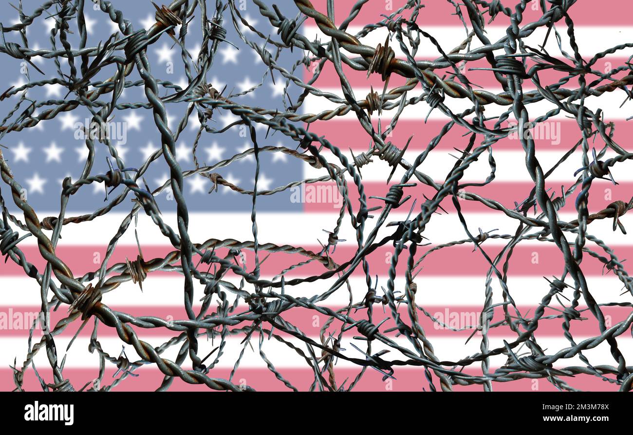 Crisi di confine STATUNITENSE immigrazione americana e concetto di rifugiato negli Stati Uniti con una bandiera offuscata degli Stati Uniti come questione sociale sui rifugiati o sugli immigrati clandestini Foto Stock