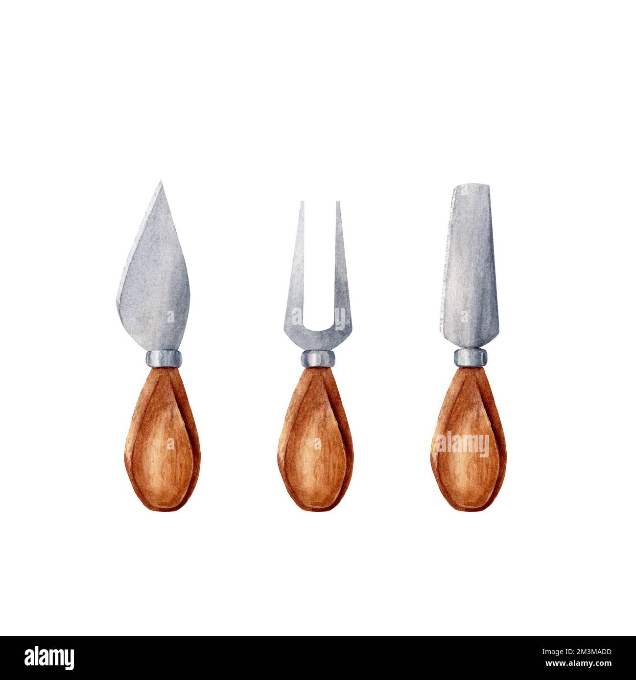 Set di coltelli per formaggio in legno e metallo. Illustrazione acquerello isolata su sfondo bianco Foto Stock