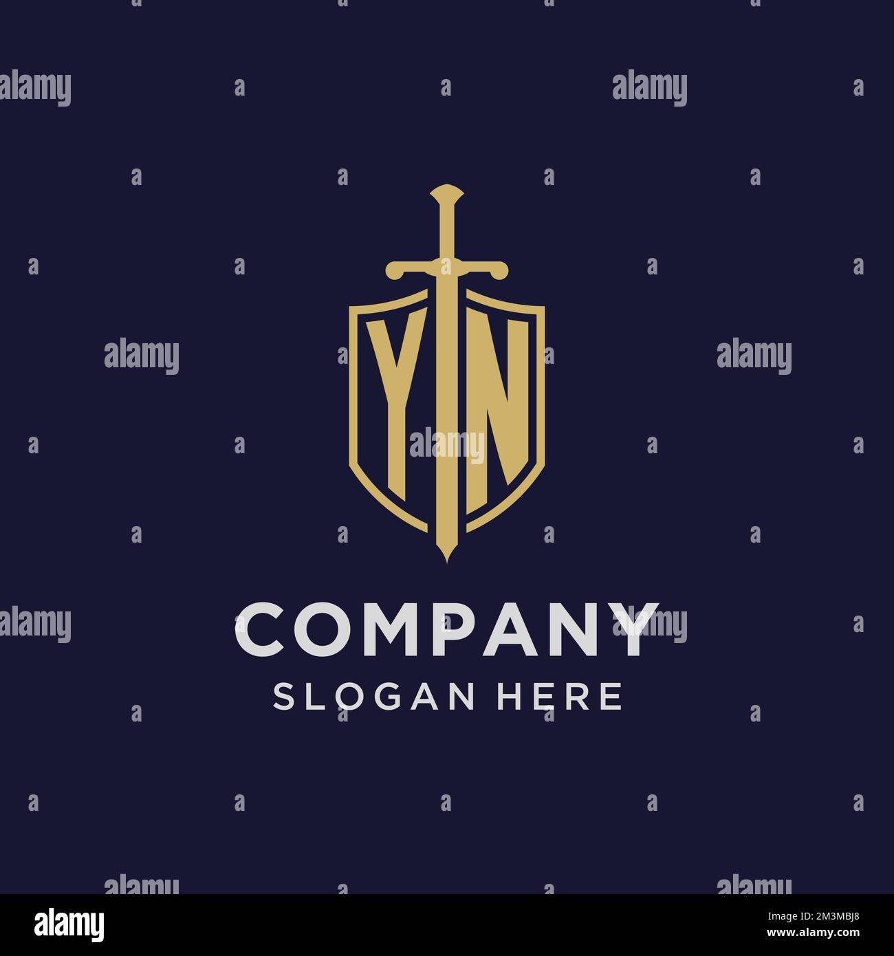 MONOGRAMMA iniziale del logo YN con idee di design di scudo e spada Illustrazione Vettoriale