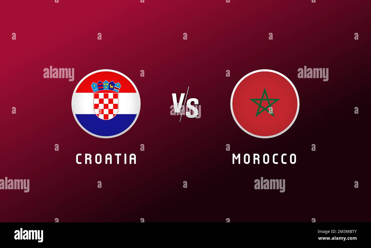 Emblema round bandiera Croazia vs Marocco. Calcio di fondo con il logo delle bandiere nazionali croate e marocchine. Sport Vector Illustrazione per torneo Illustrazione Vettoriale