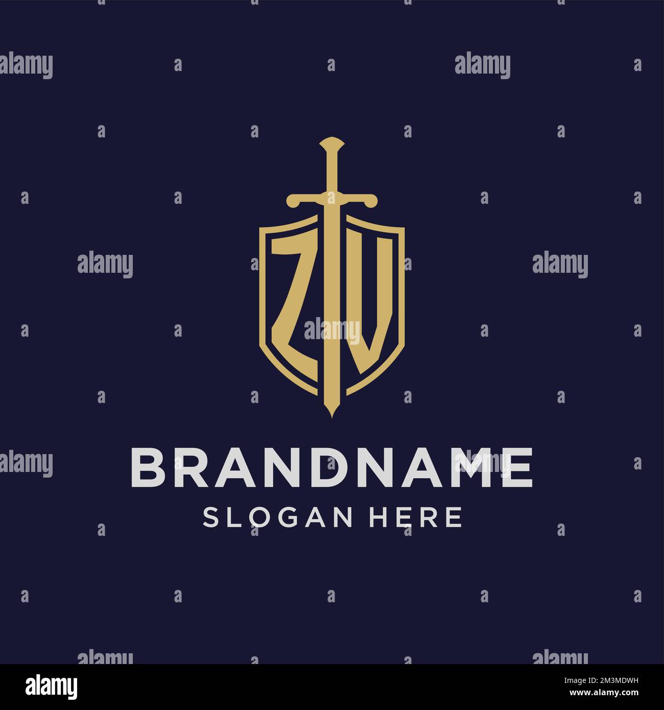 Logo ZV monogramma iniziale con idee di design di scudo e spada Illustrazione Vettoriale
