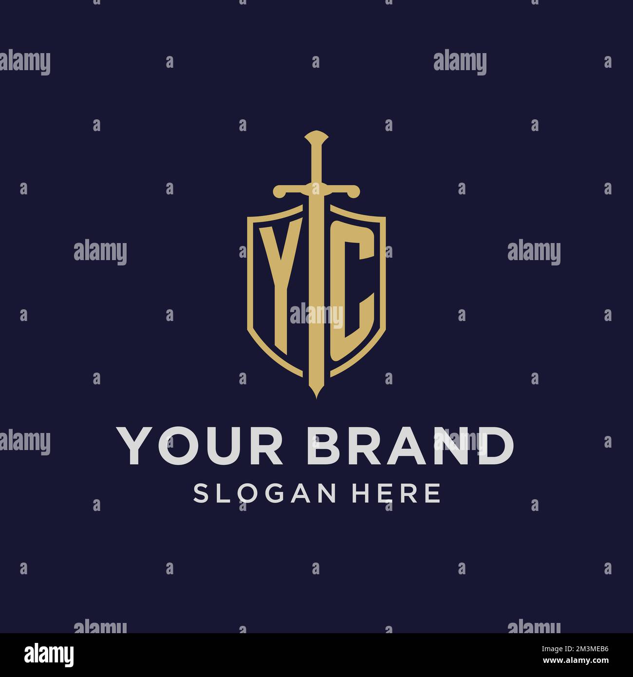 Logo YC monogramma iniziale con scudo e spade design idee Illustrazione Vettoriale