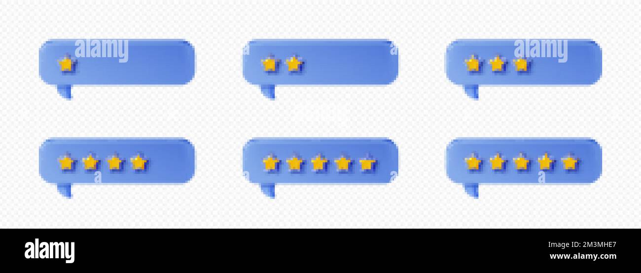 3d rendere il feedback dei clienti stelle in fumetti. Valutazione, revisione del cliente, commento o feedback aumento del livello di valutazione nelle bollature dei messaggi, isolato v Illustrazione Vettoriale