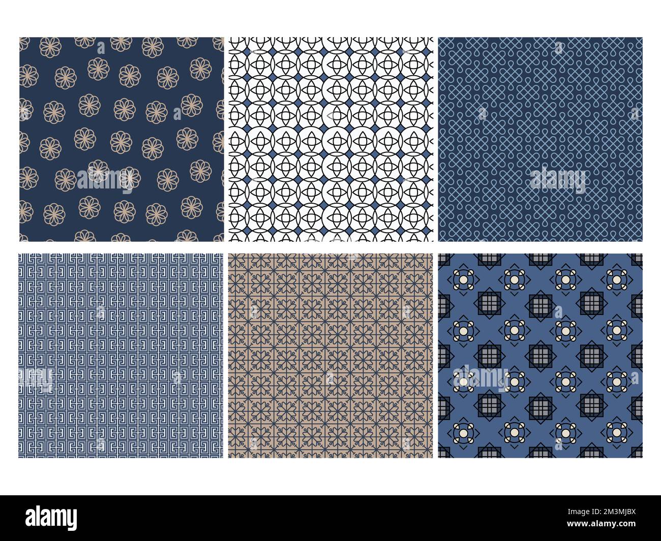 Modelli tradizionali coreani senza cuciture. Ornamenti di linee geometriche asiatiche, motivi floreali e set vettoriale di sfondo a mosaico orientale Illustrazione Vettoriale