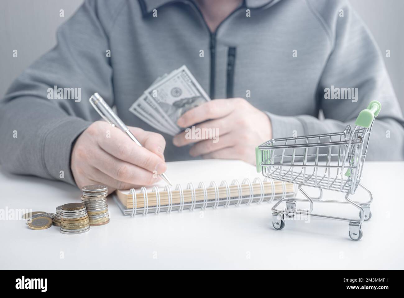 Costi abitativi totali. Spese di vita. Carrello vuoto. Riduzione dei costi e ottimizzazione delle esigenze. Bilancio familiare, pianificazione. Inflazione, crisi energetica Foto Stock