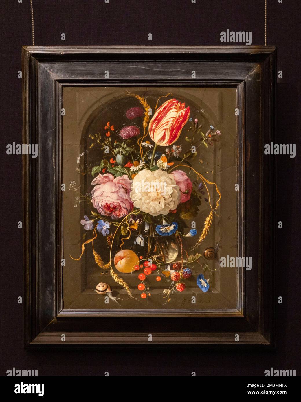 La vita morta di Jan de Heems di fiori in un vaso di vetro in una nicchia di pietra della Collezione Grasset, olio su pannello di rovere dipinto alla fine degli anni '1960s, continua Foto Stock