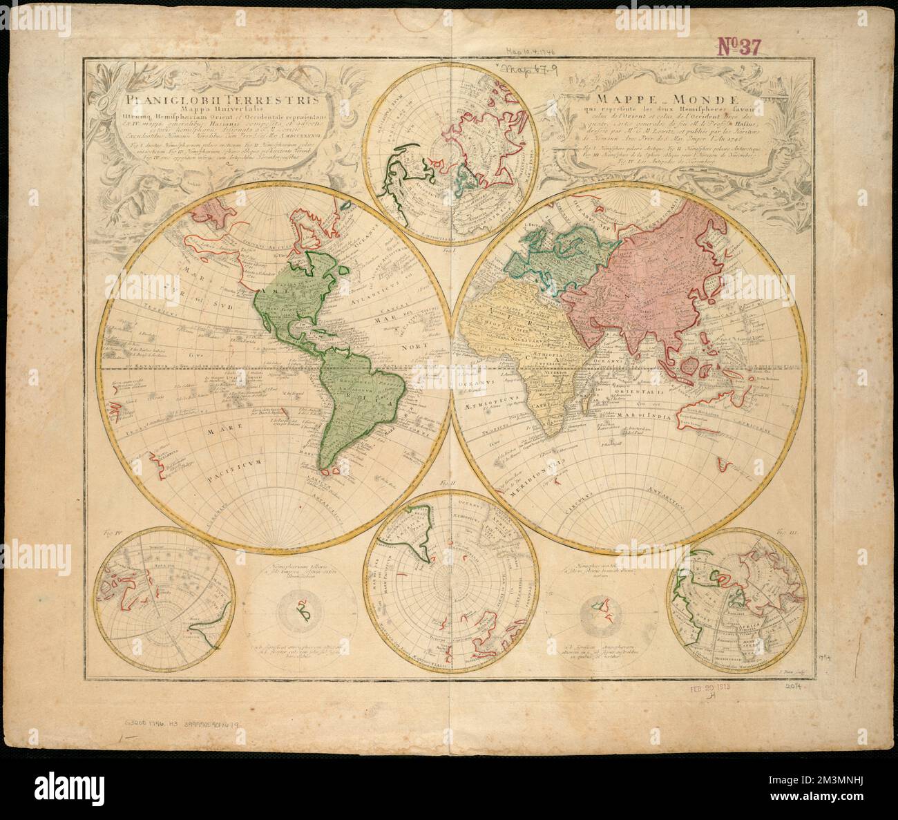 Planiglobii terrestris mappa universalis utrumq hemisphærium orient. Et occidentale repræsentans ex IV mappis generalibus - mappe-monde qui rappresentae les deux hemisferes savoir celui de l'orient et celui de l'occidente tirée des quatre cartes generales , World maps, Early works to 1800 Norman B. Leventhal Map Center Collection Foto Stock