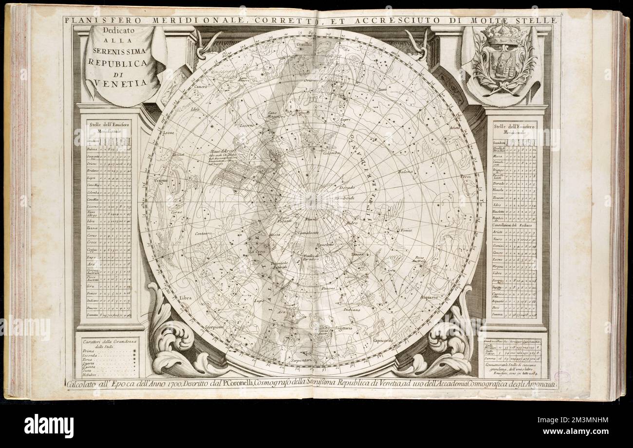 Planisfero meridionale, cortetto, et accrescito di molte stelle calcolato all' epoca dell' anno 1700 , Stelle, carte, primi lavori del 1800, Astronomia, Emisfero Sud, carte, diagrammi, Etc, prime opere del 1800, planisferi, carte, prime opere del 1800 Norman B. Leventhal Map Center Collection Foto Stock