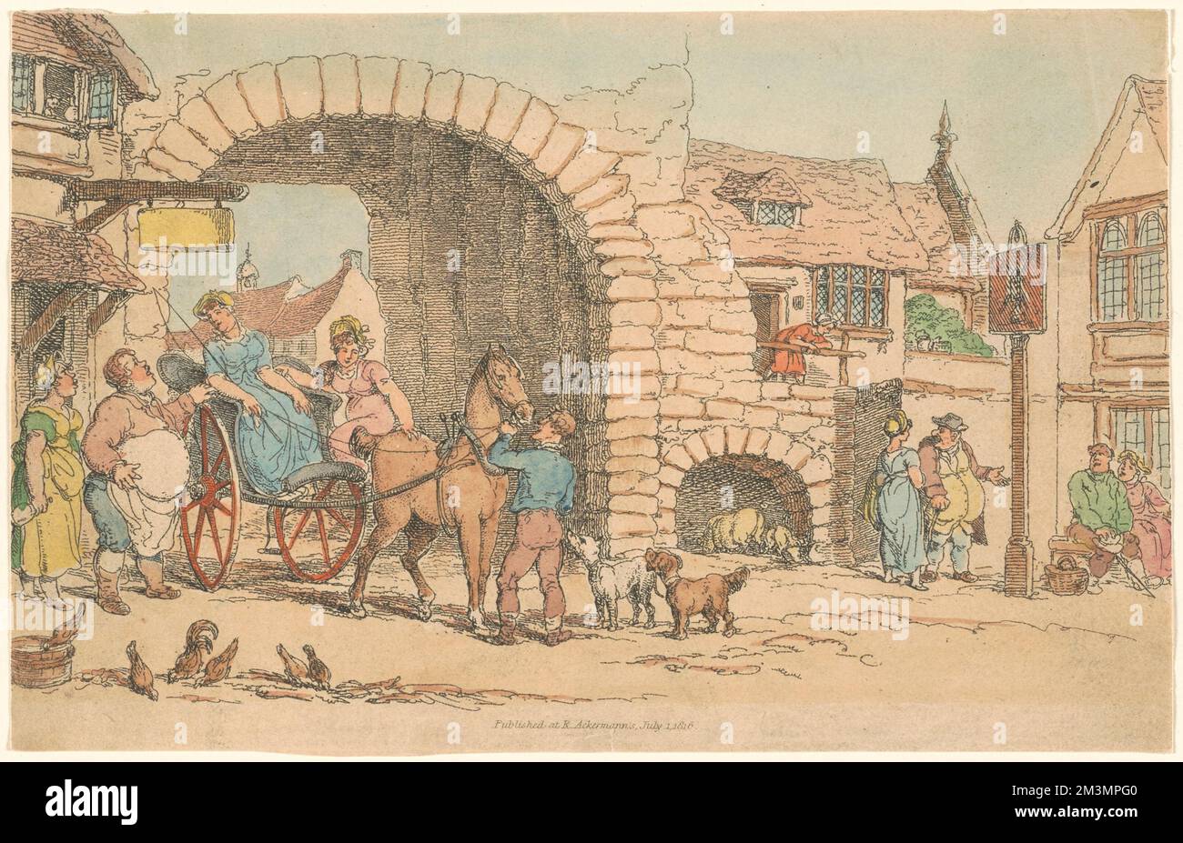 Targa 21, il mondo di Rowlandson in miniatura (n° 5) costituito da gruppi di figure, per l'illustrazione di paesaggi, cavalli, carrozze e carrozze, osterie, cani. Thomas Rowlandson (1756-1827). Stampe e disegni Foto Stock
