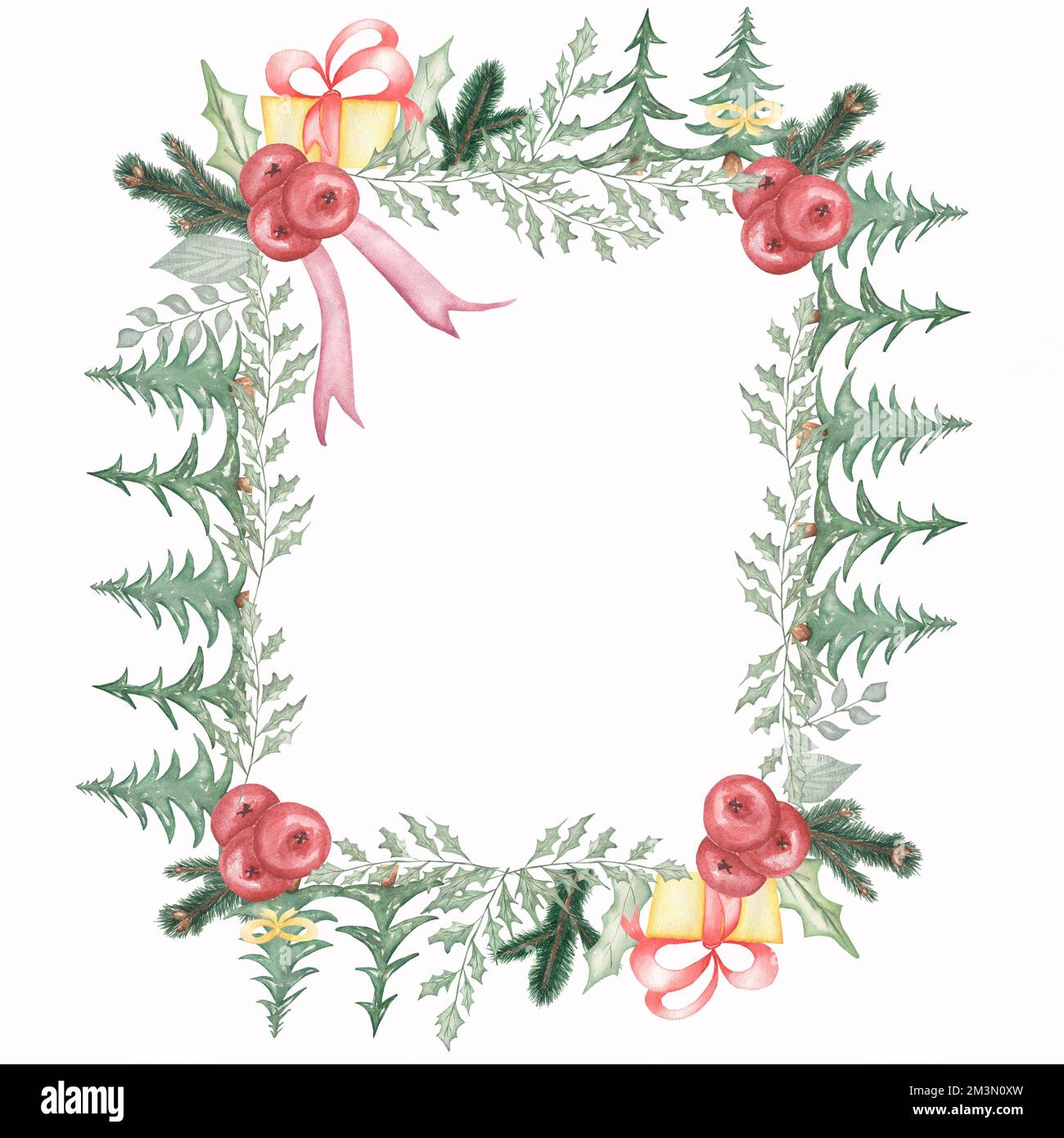 Acquerello mano disegnata corona di Natale ofpoinsettia pianta, bacche, foglie, rametto di conifere, caramelle e regali di natale. Foto Stock