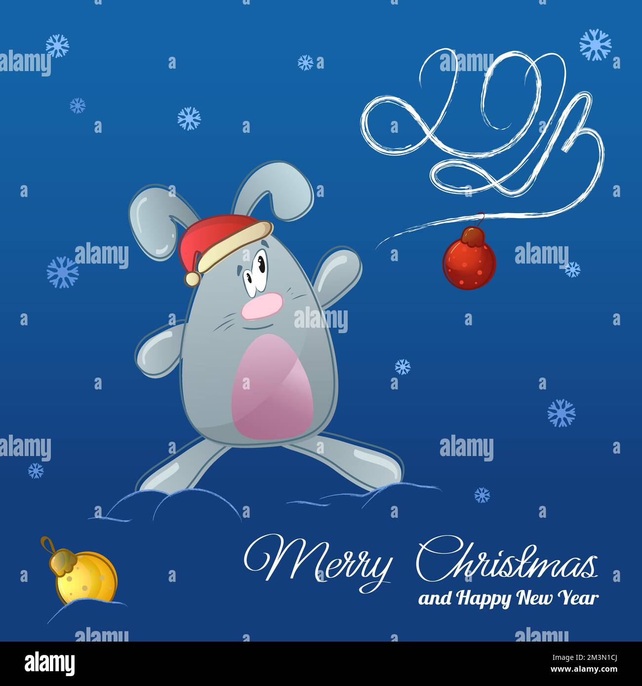 Carta blu di Natale e Capodanno con coniglietto e palloncini. Fiocchi di neve e l'iscrizione 2023. EPS10. Testo. Inviti. Complimenti. Illustrazione Vettoriale