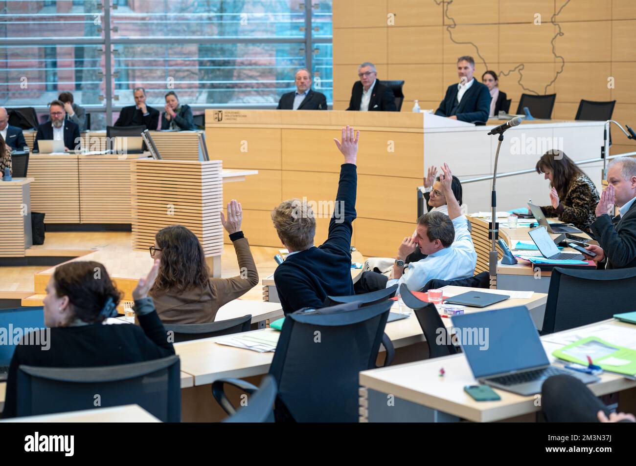 Plenarsitzung im Landeshaus Kiel Abgeordnete stimmen per Handzeichen ab Foto Stock