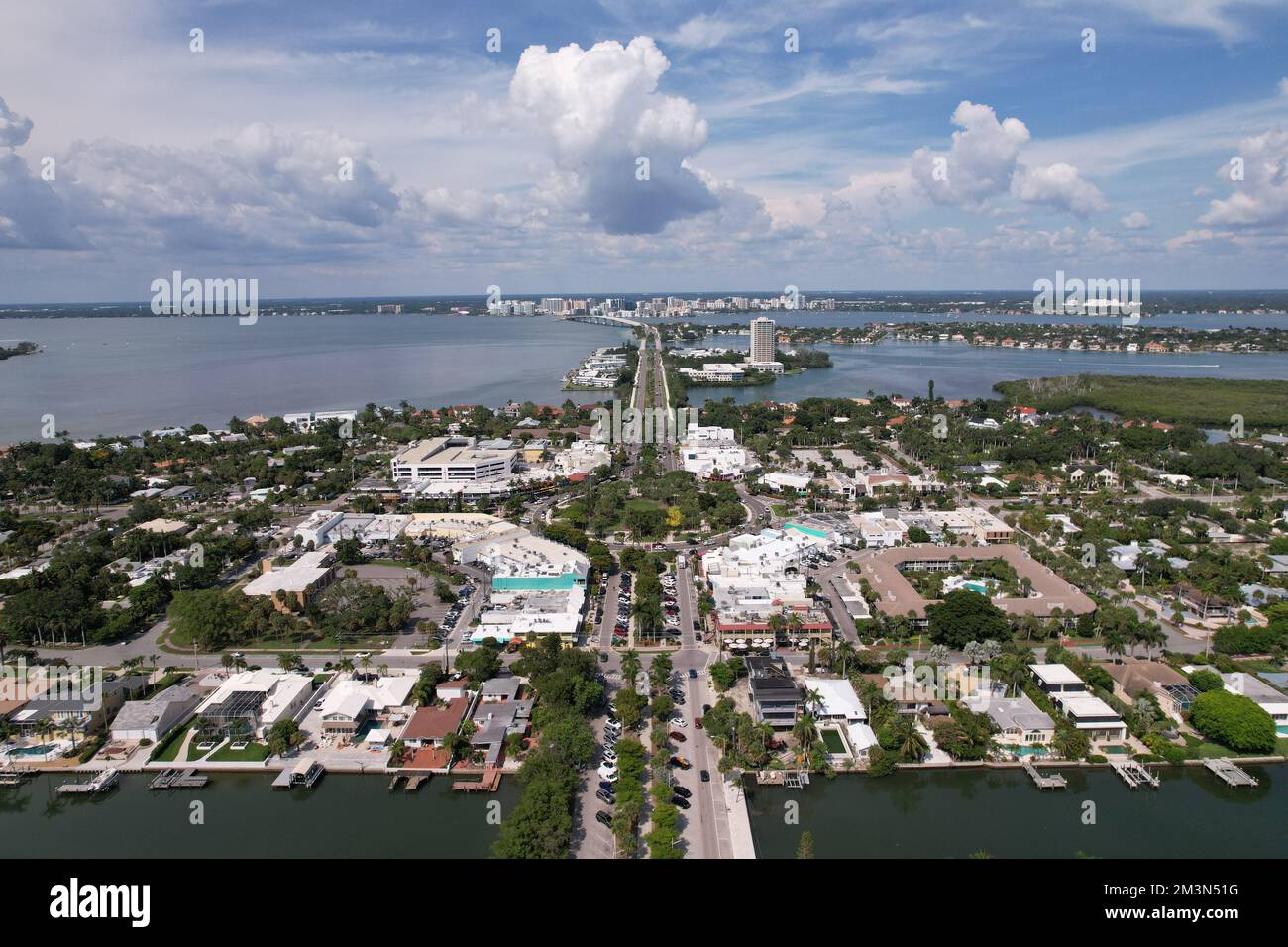 La vista aerea di Saint Armands Key. Sarasota, Florida, Stati Uniti. Foto Stock