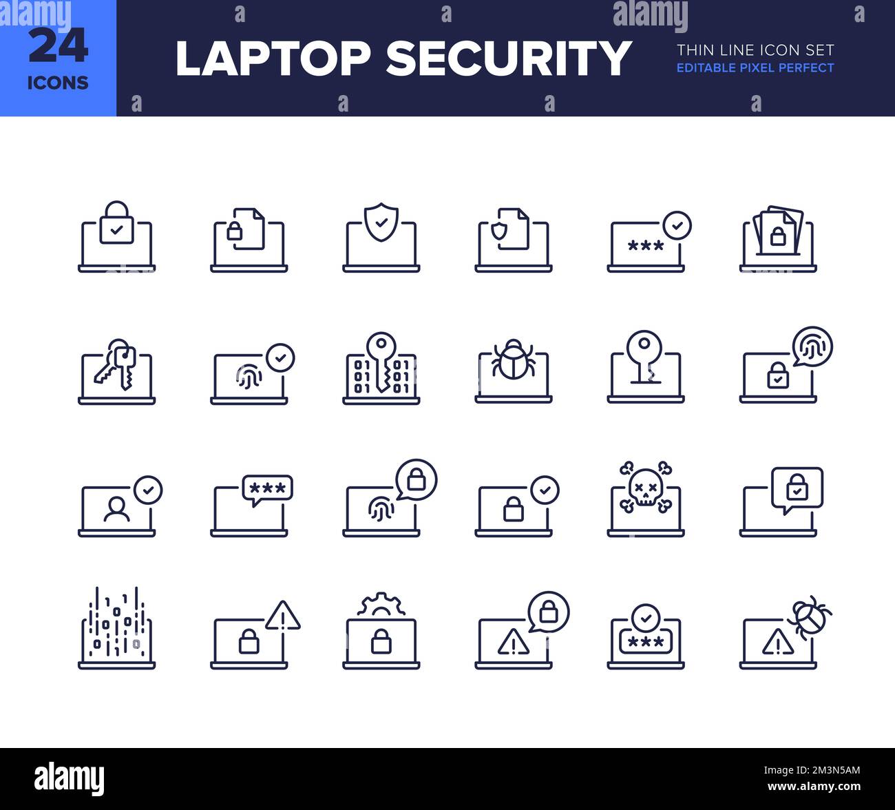 Set di icone della linea vettoriale di sicurezza del laptop. Raccolta di icone sulla privacy e la protezione del computer. Simboli di sicurezza della rete del notebook. Pixel Perfect modificabile Illustrazione Vettoriale