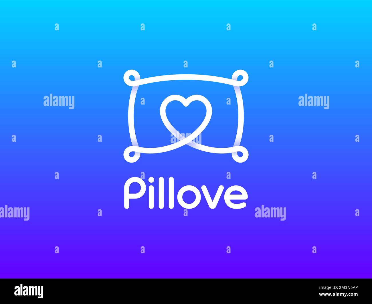Logo Pillove. Cuscino con simbolo del cuore all'interno. Linea moderna con logo creativo per il negozio di cuscini. Logo vettoriale lineare con ombre Illustrazione Vettoriale