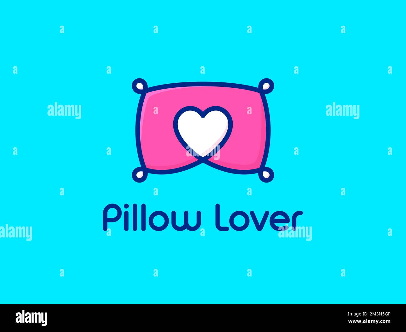 Concetto di logo pillow-lover. Simbolo del cuore all'interno del logo Pillow. Cuscino piatto e divertente, blu chiaro e rosa con logo a forma di cuore. Logo vettoriale Illustrazione Vettoriale