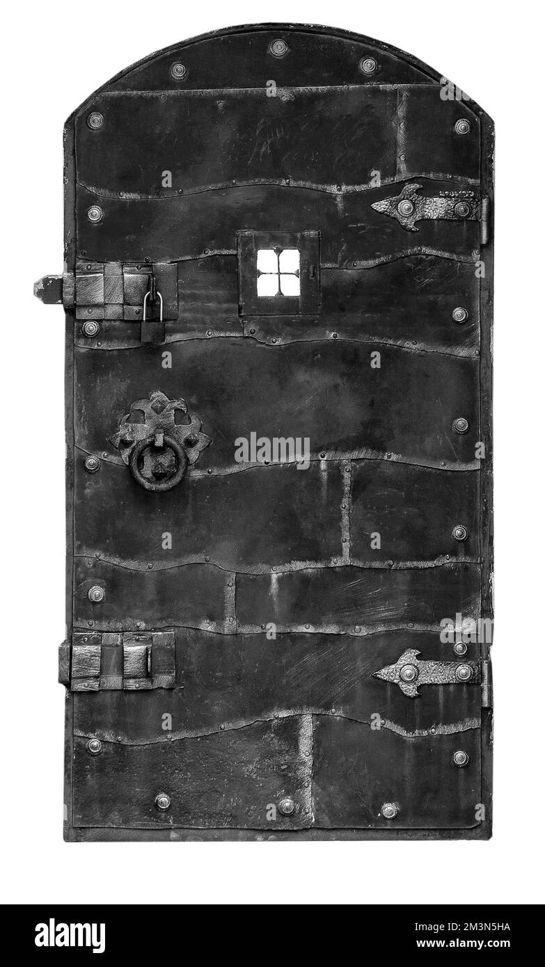 Il primo piano vecchio sportello in metallo con serratura isolata su bianco Foto Stock