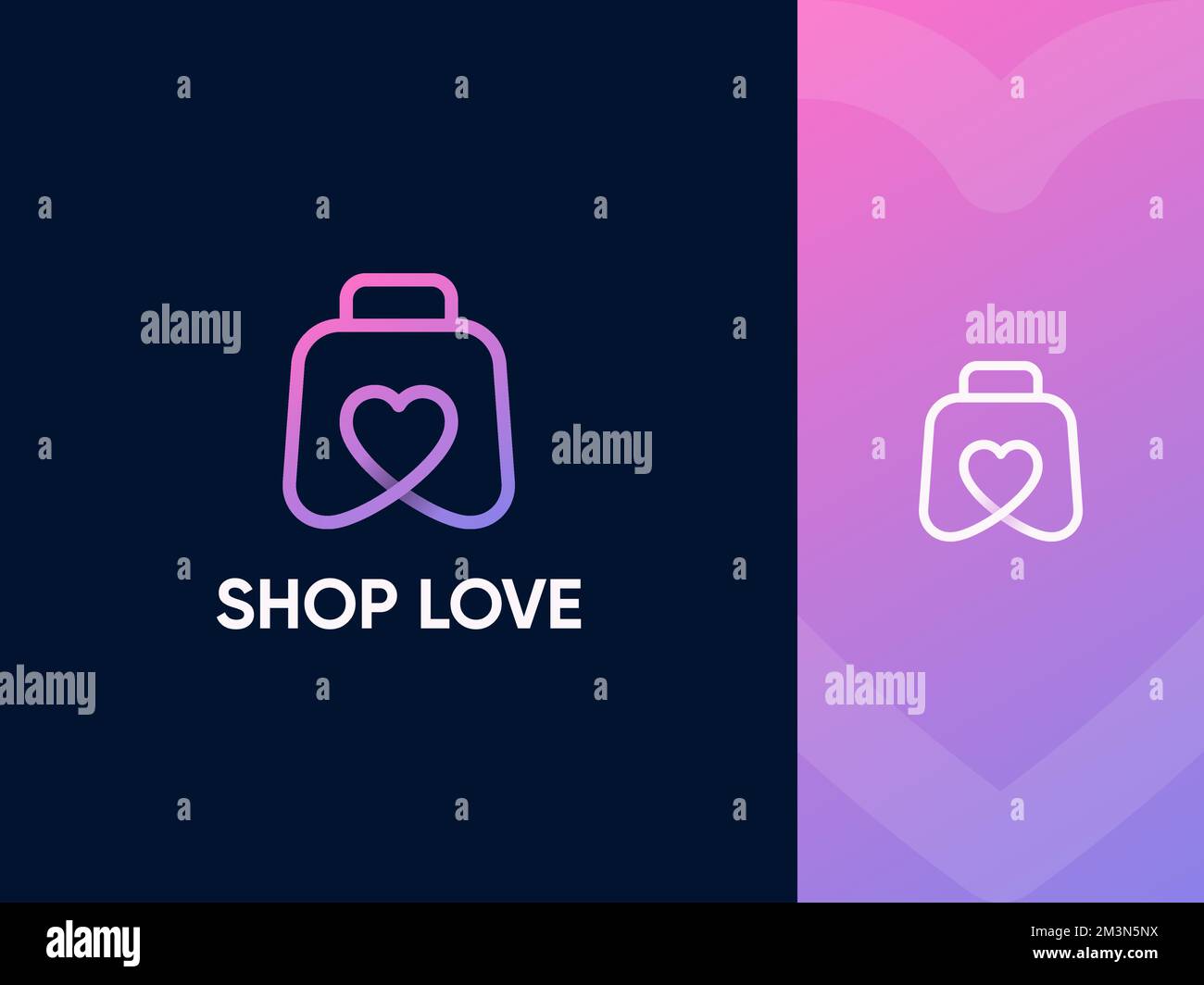 Scopri il logo Love. Shopping amore moderno vettore linea logo design. Shopping bag con cuore all'interno simbolo in colori moderni. Logo creativo vettoriale Illustrazione Vettoriale
