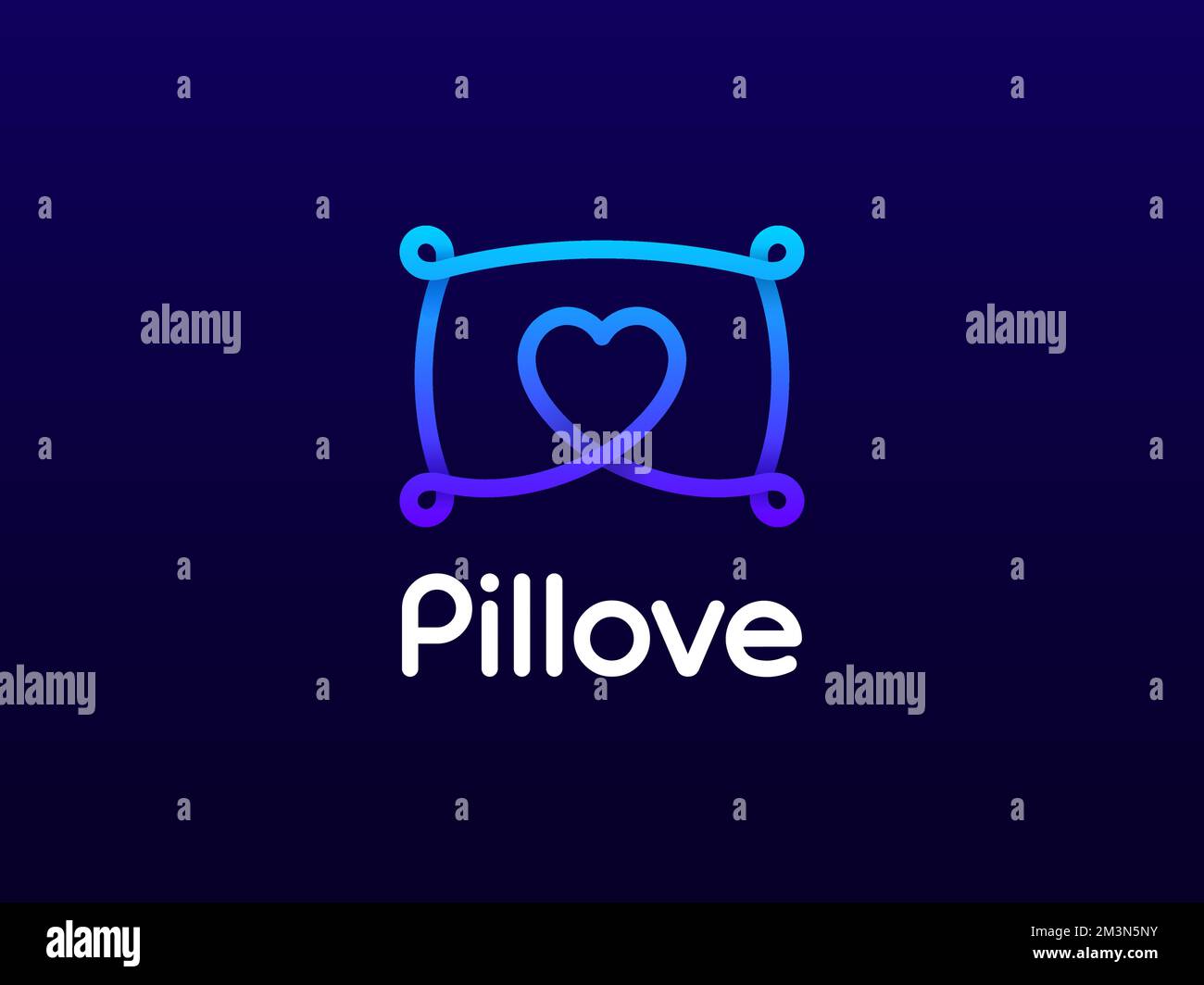 Logo Pillove. Cuscino con simbolo del cuore all'interno. Linea moderna con logo creativo per il negozio di cuscini. Logo vettoriale lineare con ombre Illustrazione Vettoriale