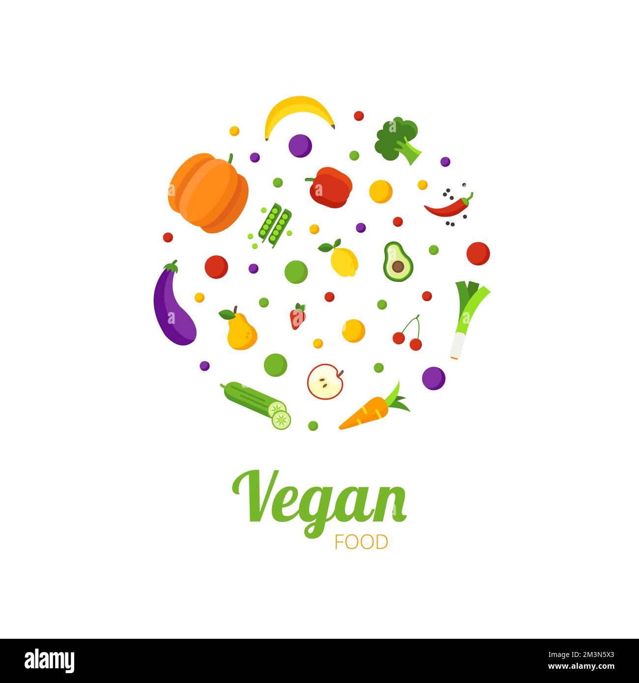 Concetto di logo del cibo vegano. Circolo di alimenti sani con diverse icone di frutta e verdura. Logo astratto per negozio biologico, caffè vegetariano, negozio vegano Illustrazione Vettoriale