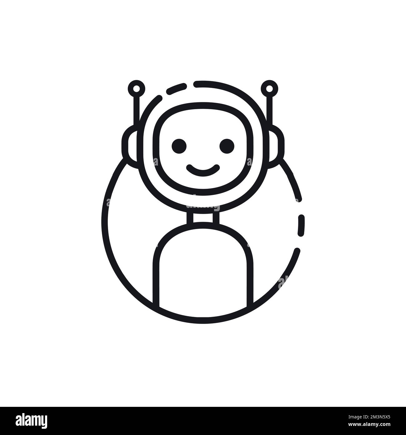 Icona del robot. Icona contorno chatbot. Robot sorridente carino. Illustrazione del carattere vettoriale del robot a linea moderna isolato su sfondo bianco Illustrazione Vettoriale